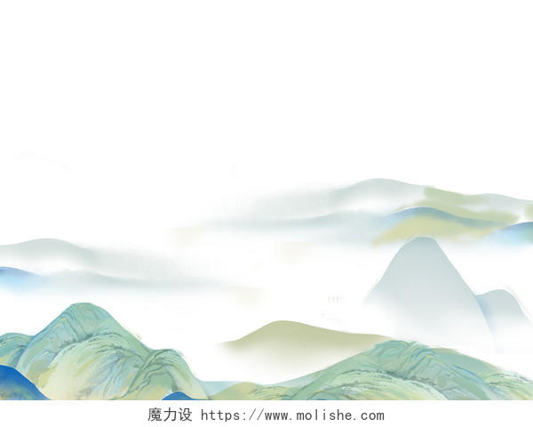 绿色手绘原创中国风水墨山水山峰山云元素PNG素材